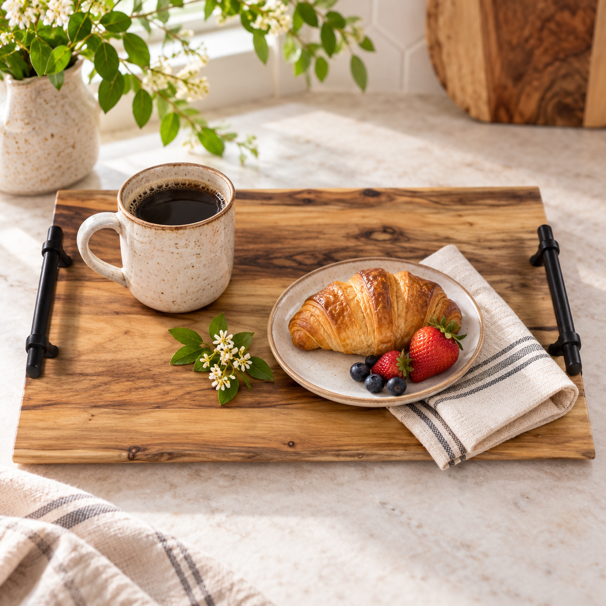 Handcrafted Hickory Serving Tray with Black Metal Handles | One-of-a-Kind