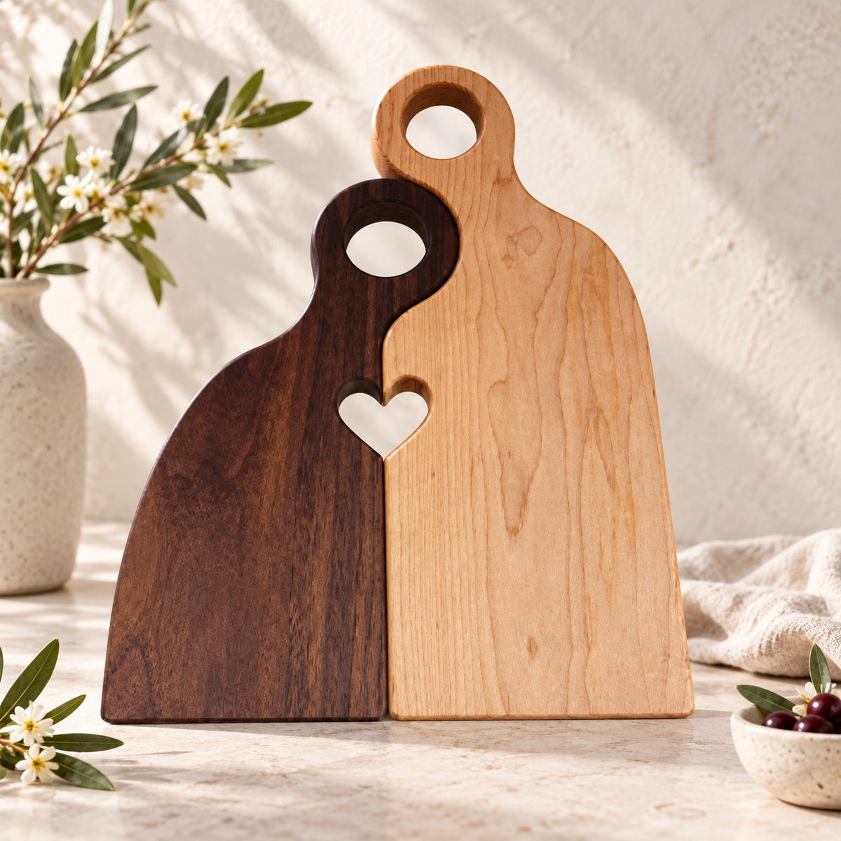 Handcrafted Maple & Walnut Two-Piece Heart Cutting Board | One-of-a-Kind