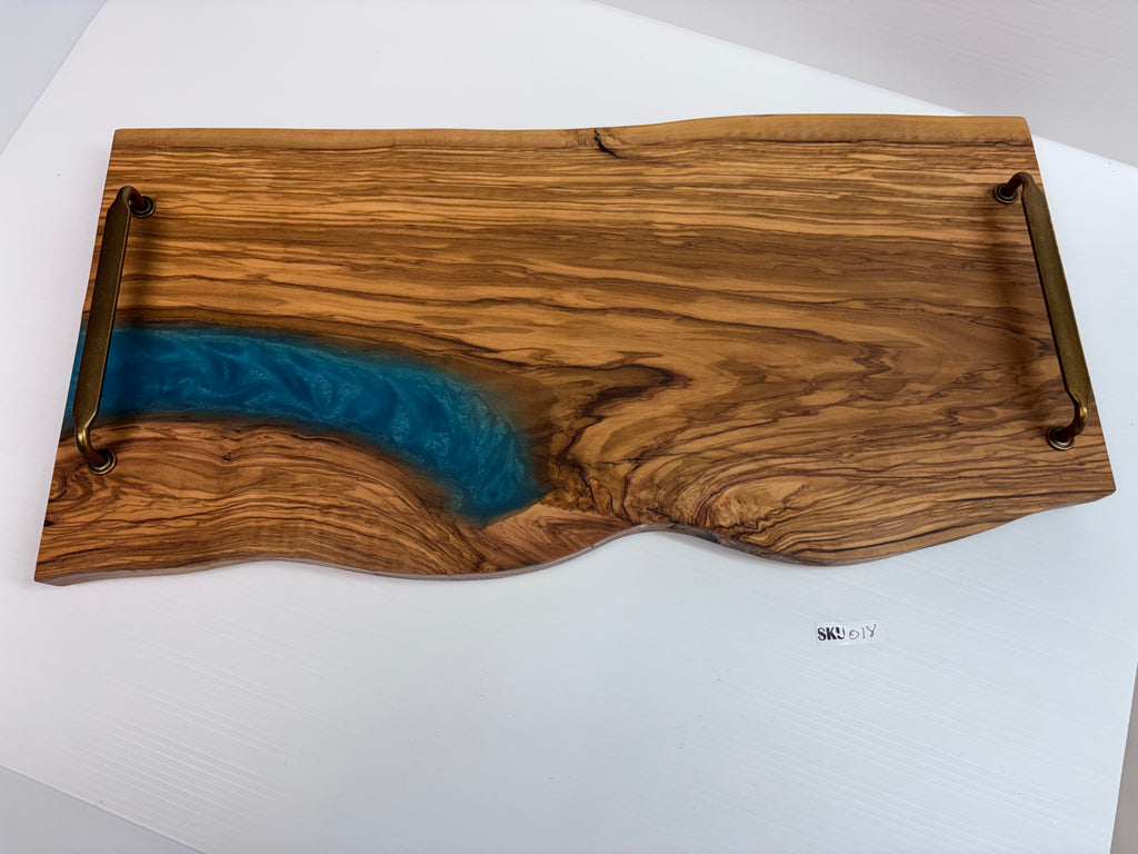 Handcrafted Olivewood Serving Tray with Blue Epoxy & Metal Handles | One-of-a-Kind