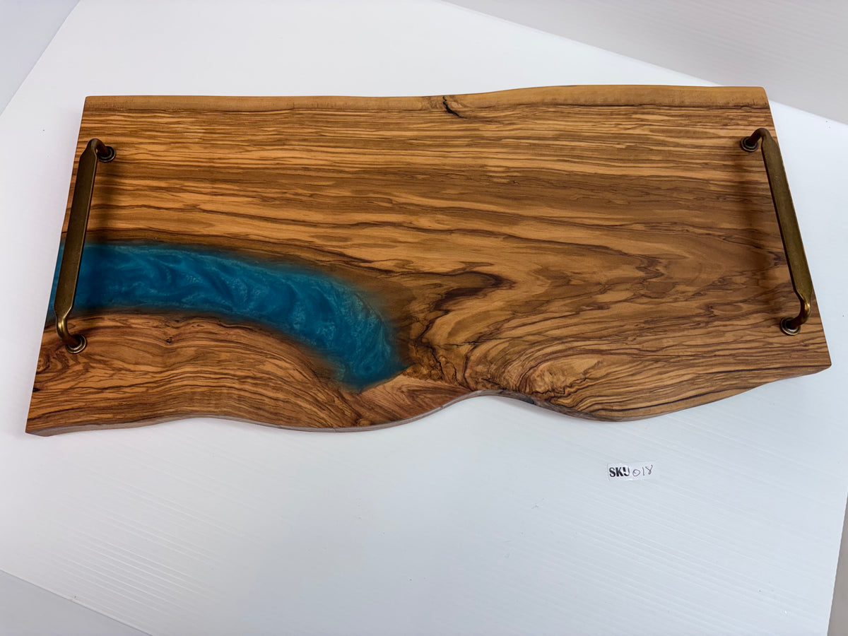 Handcrafted Olivewood Serving Tray with Blue Epoxy & Metal Handles | One-of-a-Kind