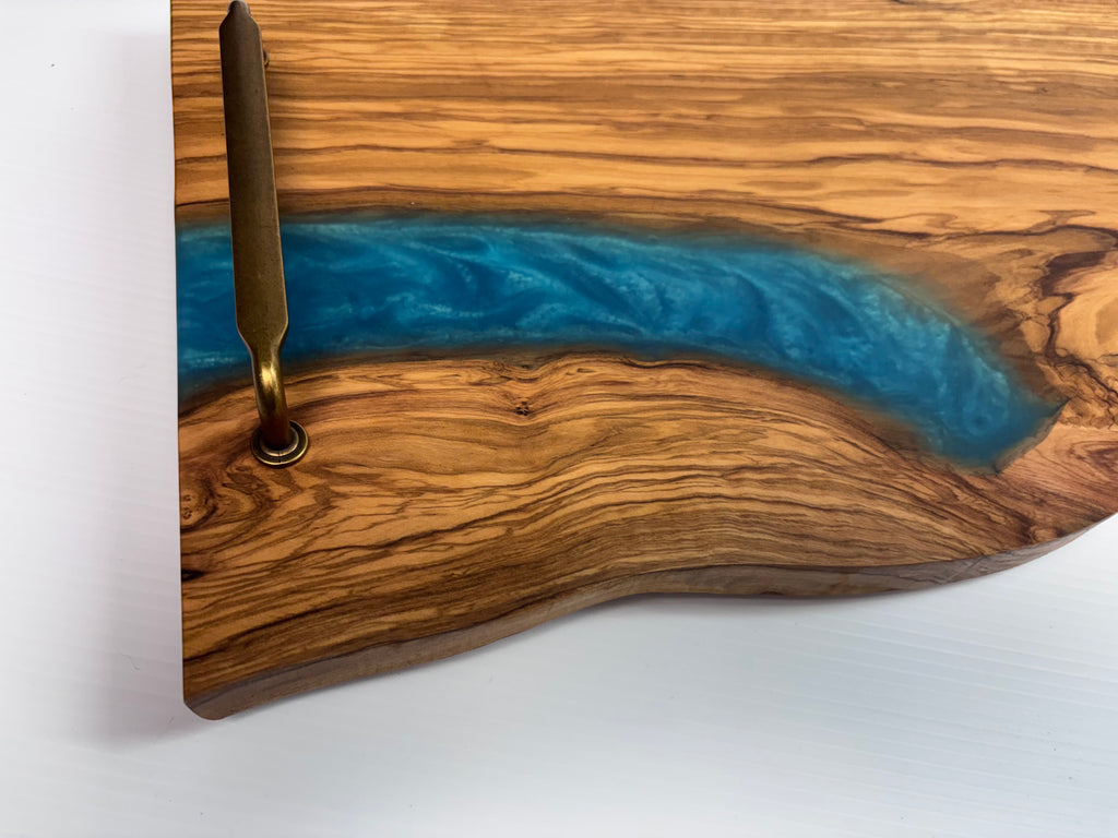 Handcrafted Olivewood Serving Tray with Blue Epoxy & Metal Handles | One-of-a-Kind
