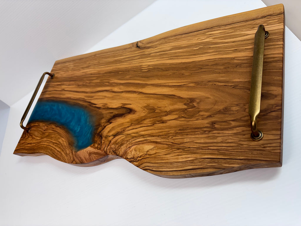 Handcrafted Olivewood Serving Tray with Blue Epoxy & Metal Handles | One-of-a-Kind