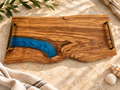 Handcrafted Olivewood Serving Tray with Blue Epoxy & Metal Handles | One-of-a-Kind